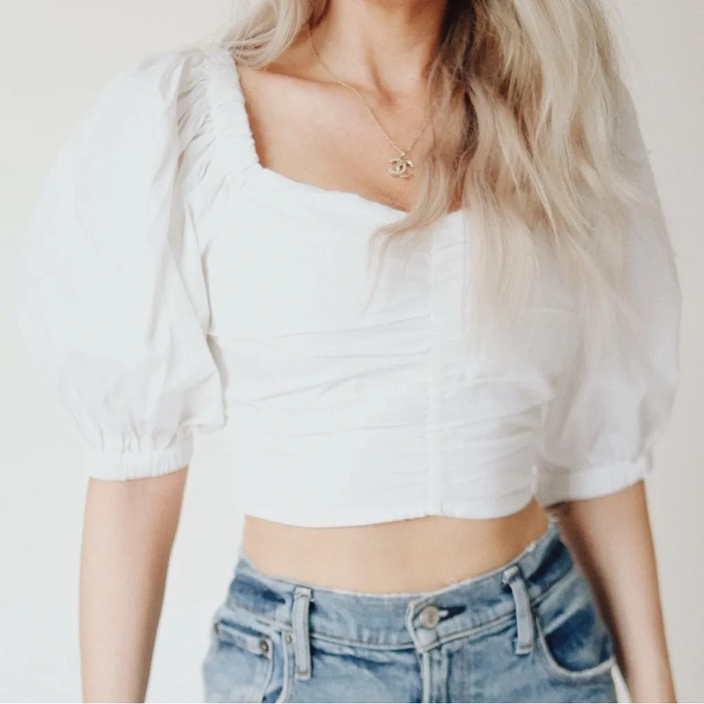 Abercrombie & Fitch White Ruched Puff Sleeve Blouse | S